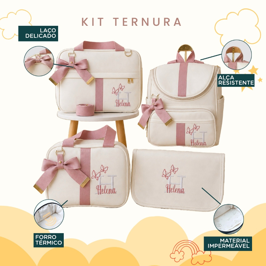 Kit Maternidade 4 Peças Bolsa Mochila Trocador e Frasqueira, Personalizado, Coleção Afeto