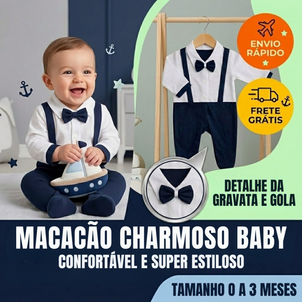 Macacão Bebê Estilo Social Menino com Gravata e Suspensório Batizado Casamento Confortável Estiloso