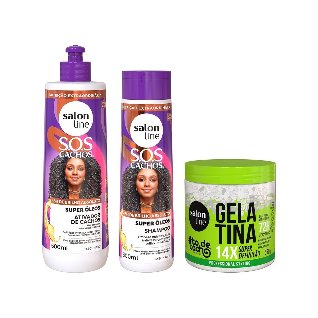 Kit para cacheadas com Shampoo, Ativador e Gelatina Salon Line