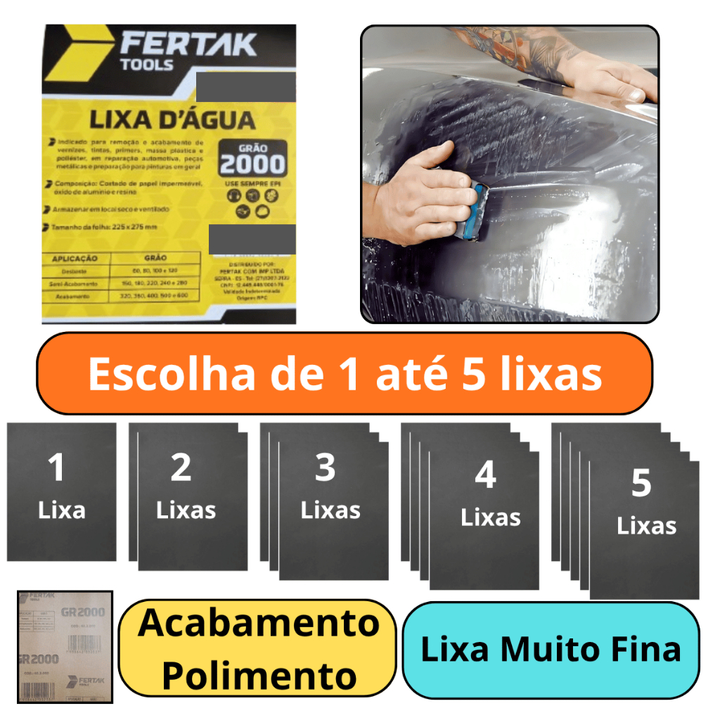 Lixa 2000 D'água Grão Escolha de 1 à 5 folhas Polimento Lixamento Acabamento fina Farol Plástico