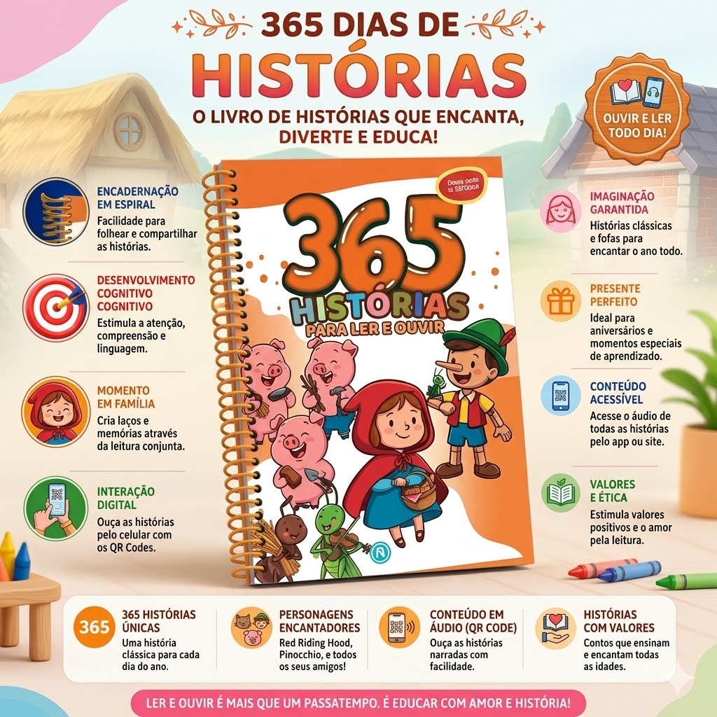 365 Histórias Para Ler e Ouvir Ouça com QR Code Espiral Contos Educativos para Ler e Escutar