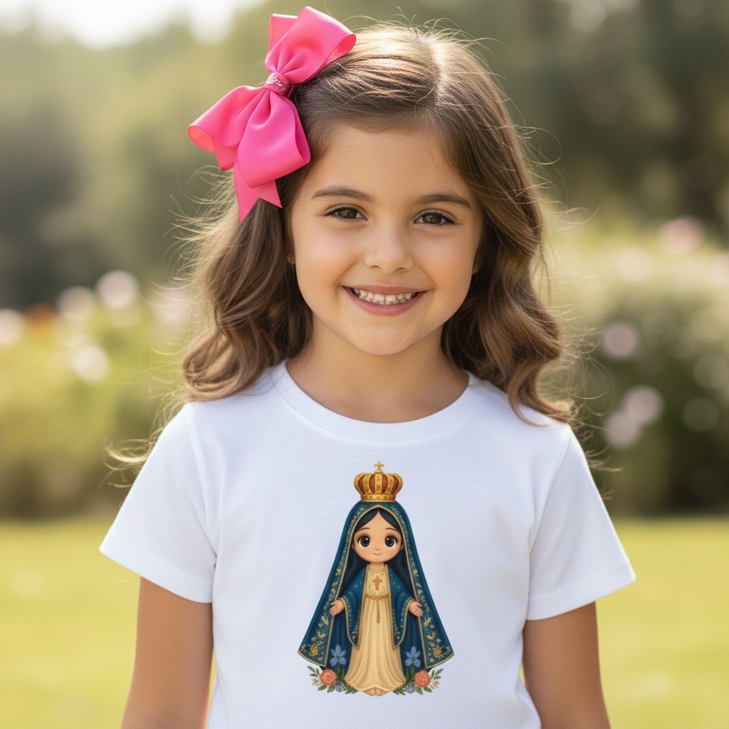 T-shirt Infantil Menina Nossa Senhora Aparecida Cristã Algodão Várias Cores Camiseta Religiosa Kids
