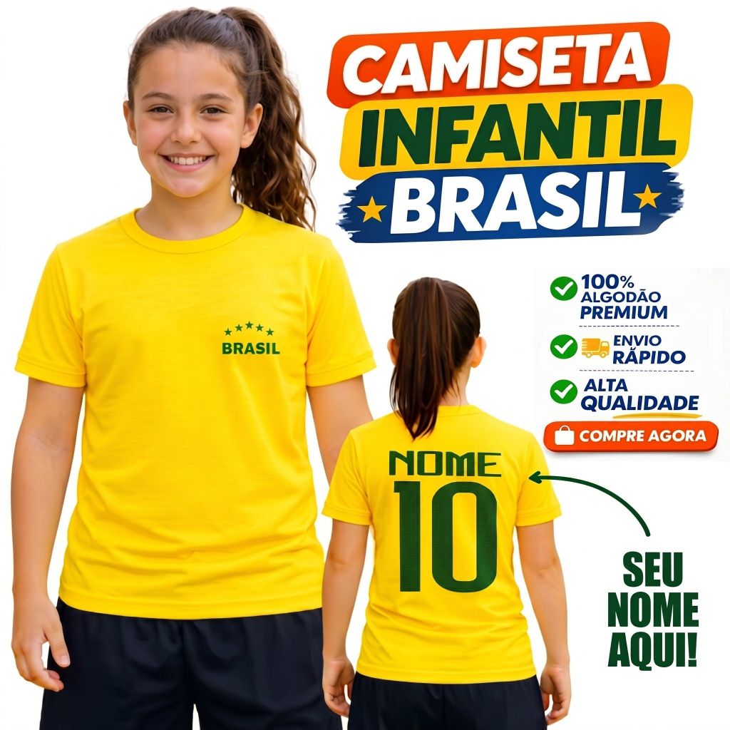 Camiseta do Brasil Infantil e Adulta Blusa em Algodão Personalizada Premium Torcedor Copa Unissex