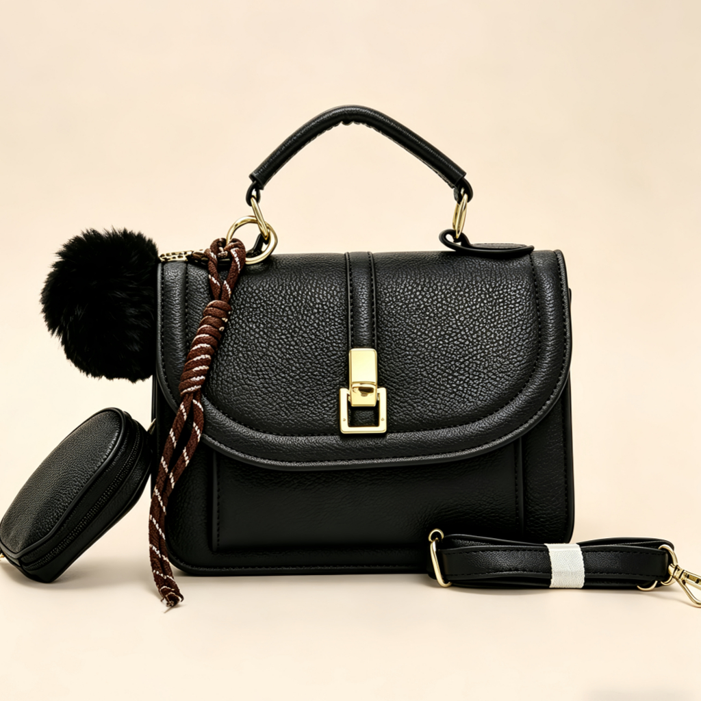 bolsa feminina carteiro conjunto duas peças alça de mão transversal pompom couro sintético elegante moda casual