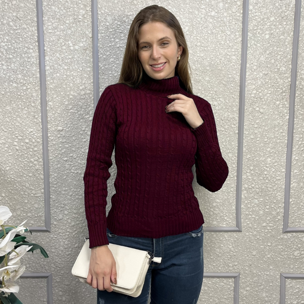 Blusa de Frio Feminina Tricô Gola Alta Manga Longa Trançada Inverno