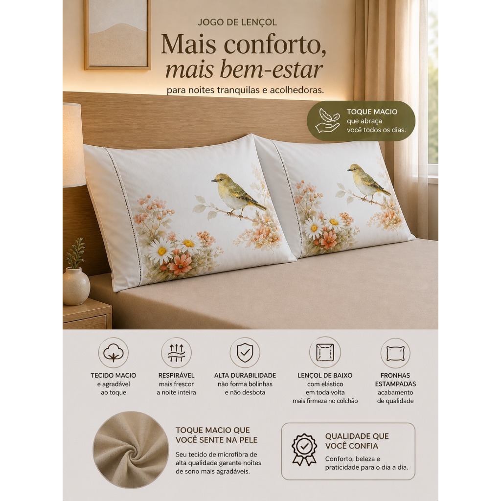 Jogo de Lençol Estampado 3 Peças Cama Solteiro Casal Queen King Fronha Estampada Ponto Palito Micropercal 400 Fios