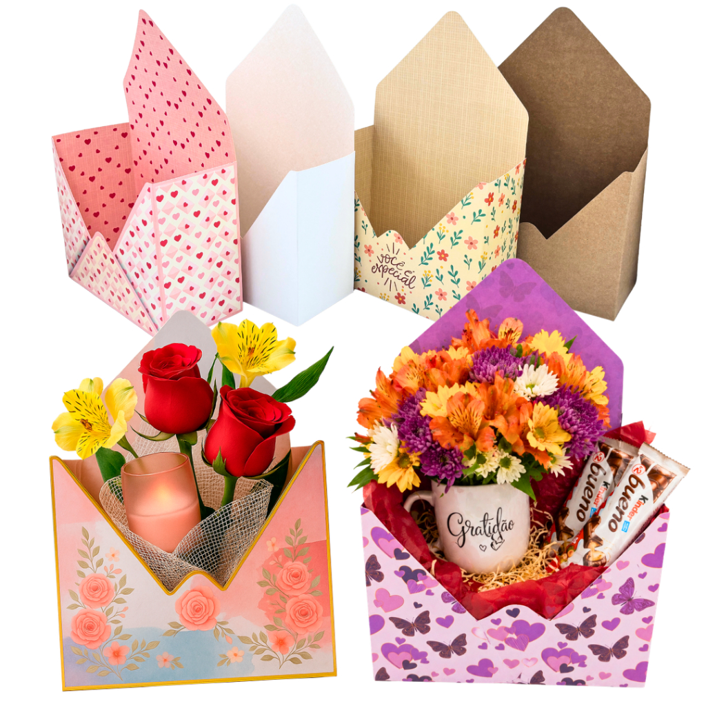 Embalagem para Flores e Presentes tipo Cachepot Envelope. Lembrancinha Floricultura Caixa Envelope