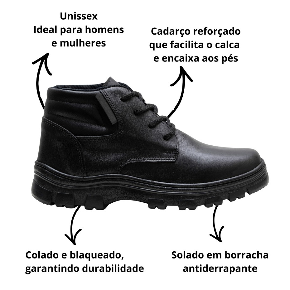 Bota de Segurança em Couro Legitimo Preto de Amarrar Unissex Trabalho EPI Sola Antiderrapante Colada Costurada C.A PVC