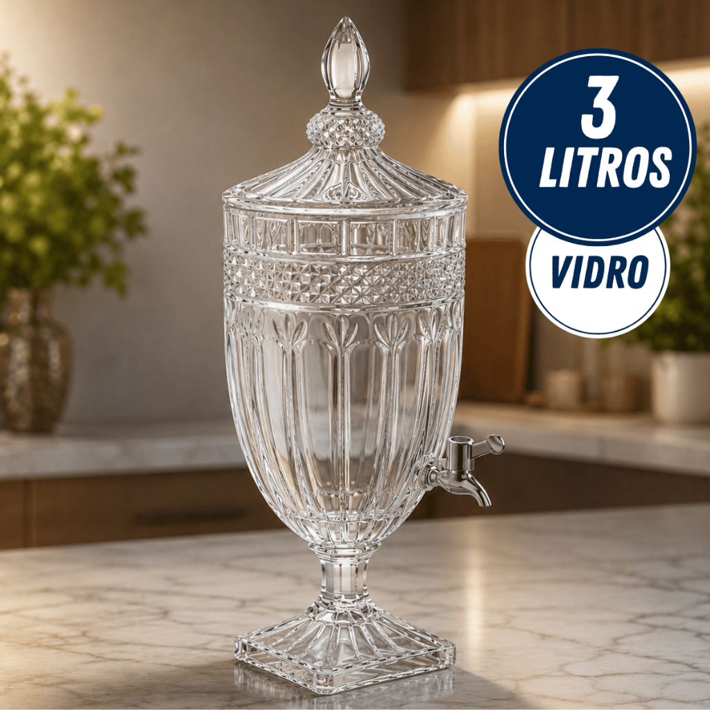 Suqueira 3L Jarra Água Vidro Diamond com Torneira Inox Elegante Premium Bebidas Sucos Drinks