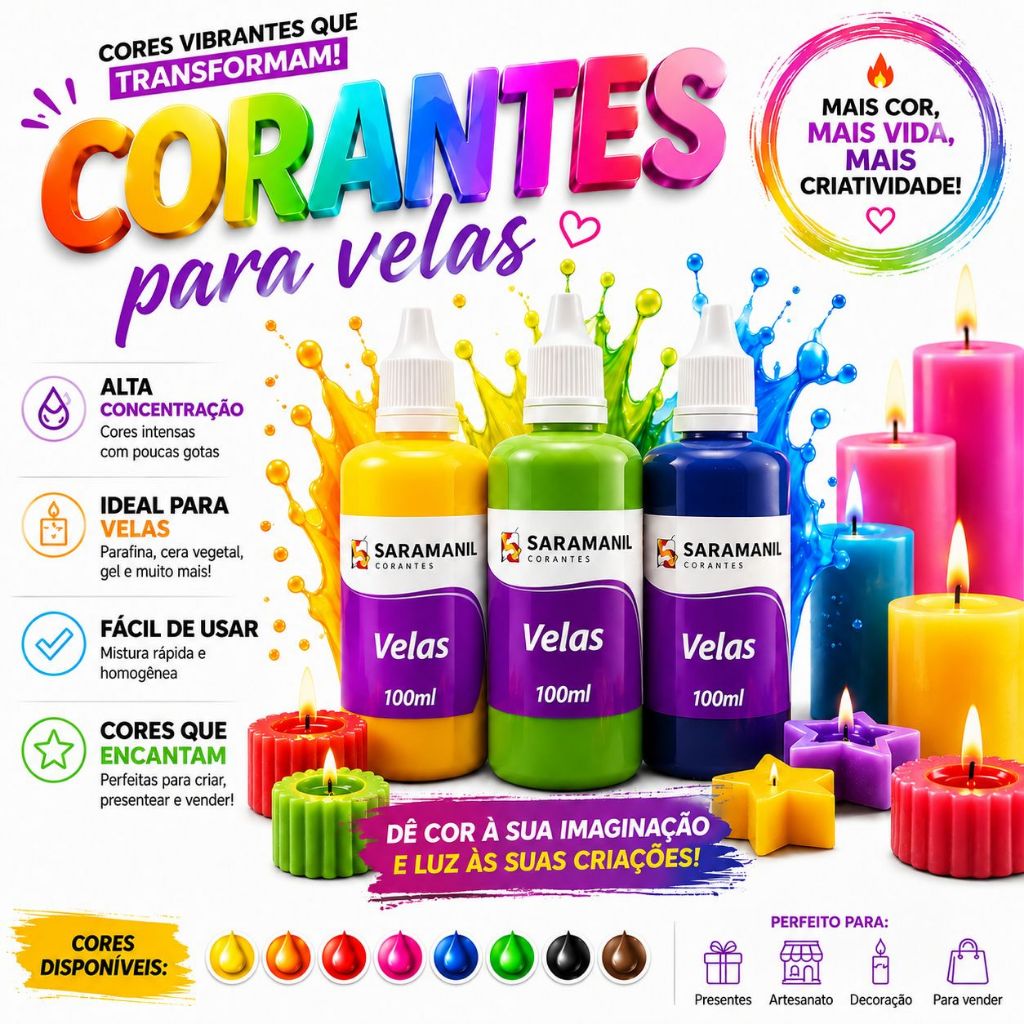 Corante Líquido para Velas 100ml Saramanil Corantes Diversas Cores