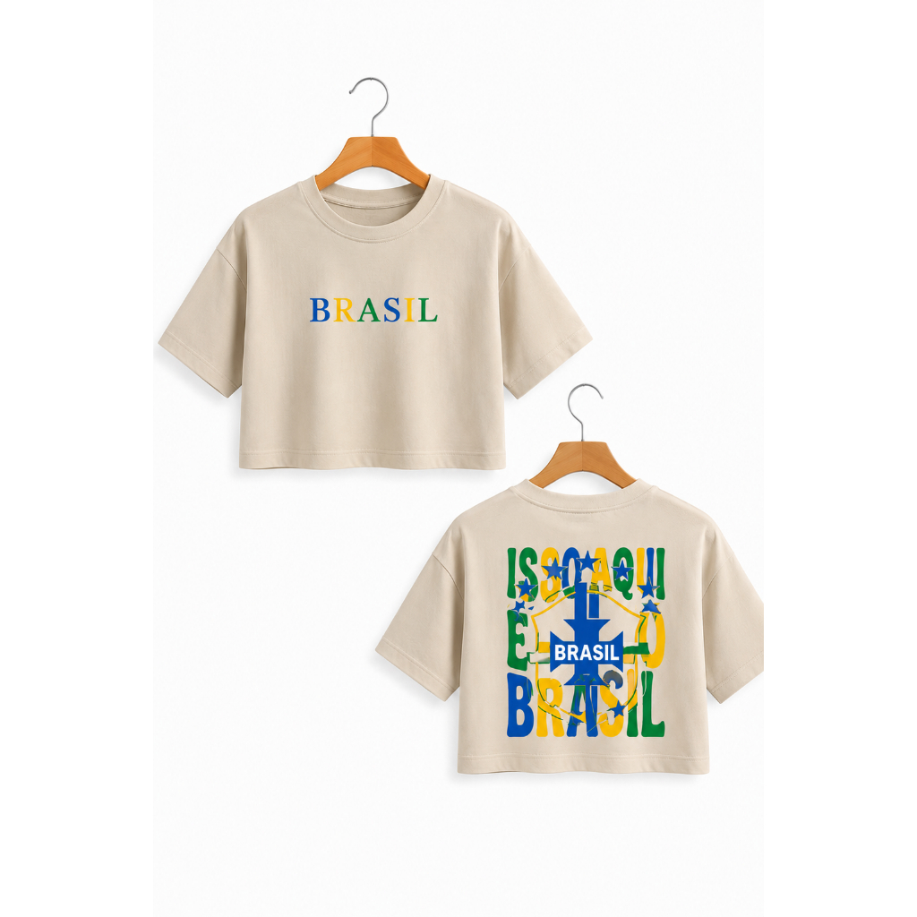 Cropped Oversized Brasil Feminino Camiseta Copa Do Mundo Estampa Premium Moda Jovem