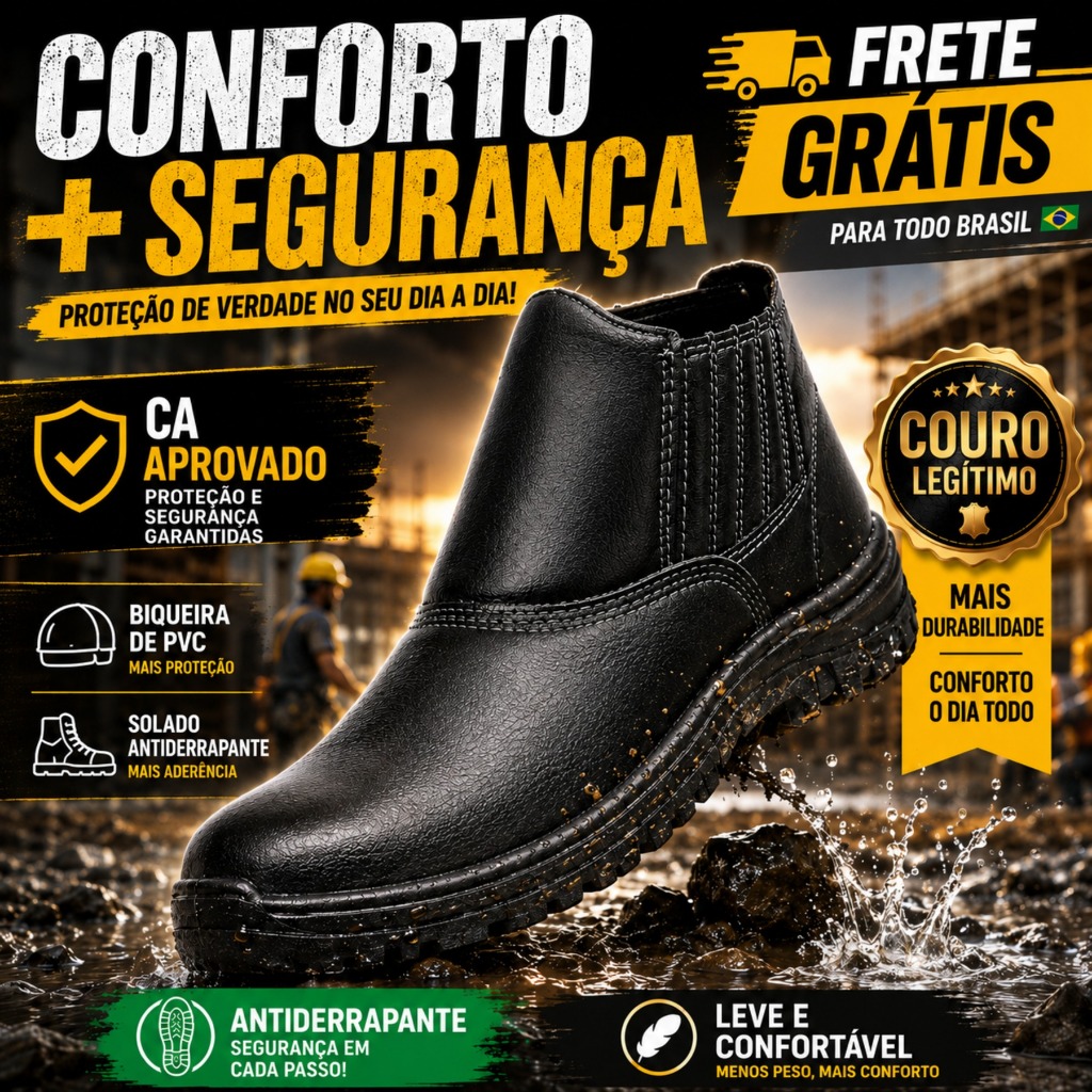 Botina Bota EPI Couro CA Biqueira Solado Antiderrapante Trabalho Profissional Obra Leve Confortável