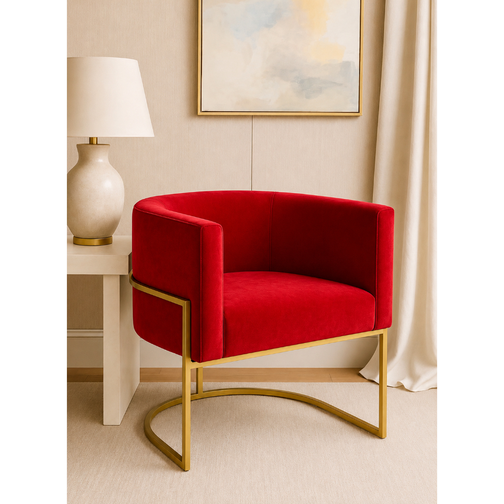 Poltrona Luna Luxo - Suede Vermelho e Base Dourada. Sala, Salão, Escritorio e Sala de Jantar