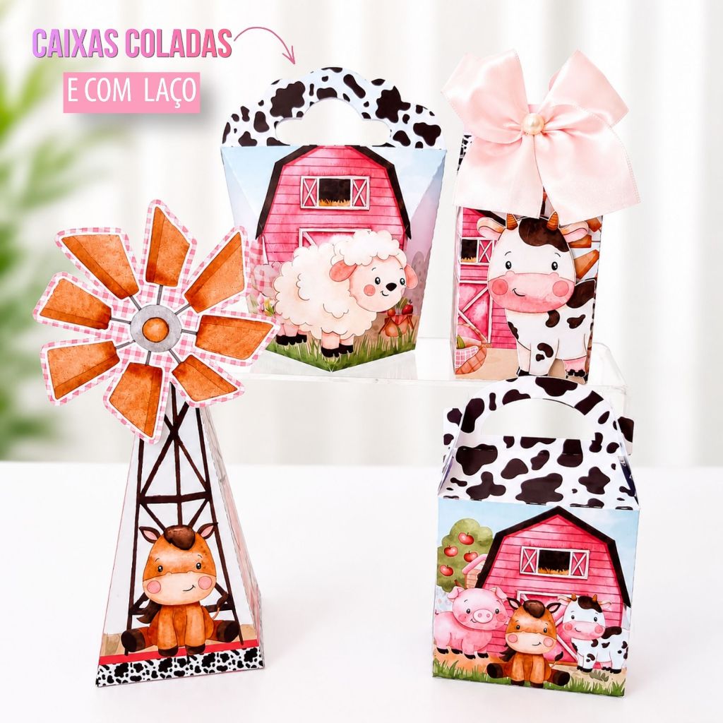 Kit Caixas Personalizado Fazendinha Menina / Lembrancinha Festa /Aniversário / Já Colado / Papel Foto Alta Gramatura