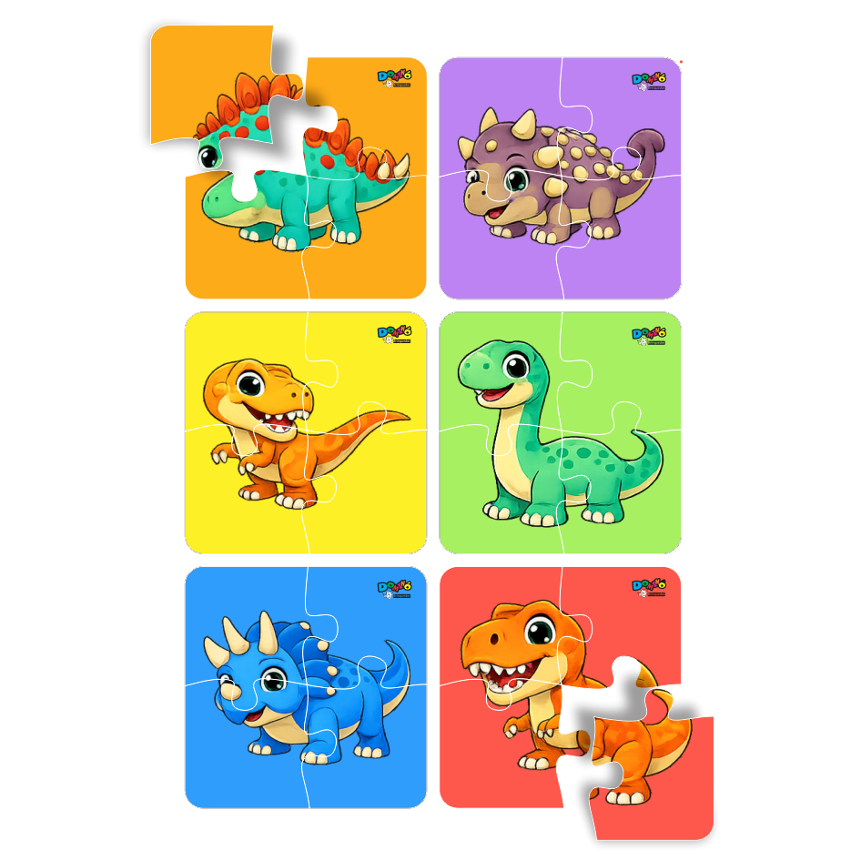 Kit 6 Quebra Cabeça Animais Dinossauro Madeira Com 4 Peças