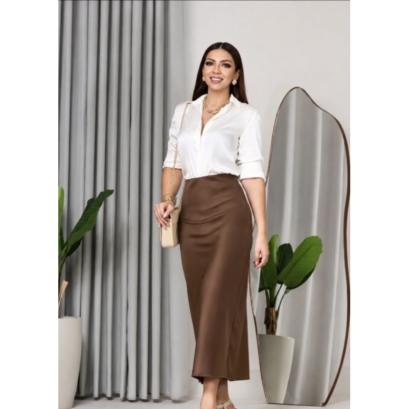 Saia Midi Cetim Feminina Elegante com Elástico no Cós