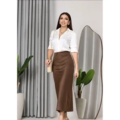 Saia Midi Cetim Feminina Elegante com Elástico no Cós