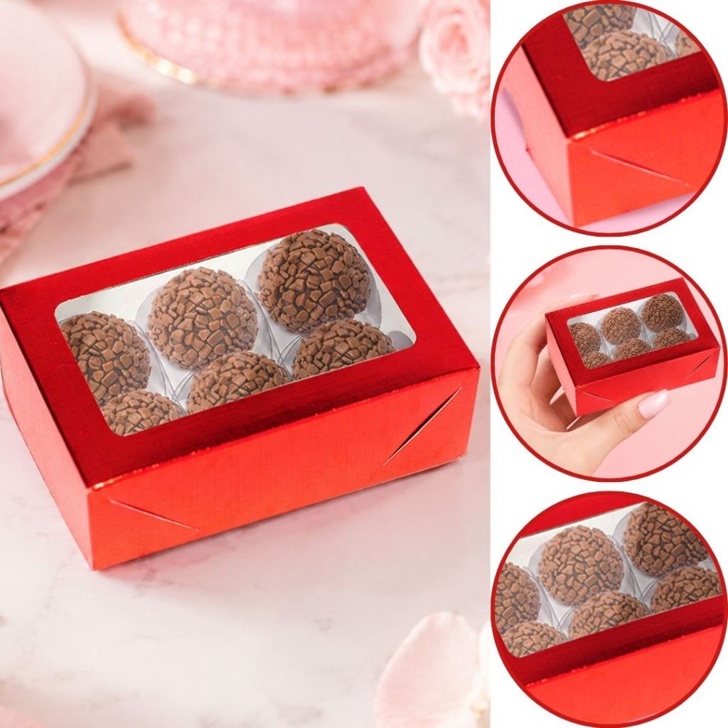 10~50 CAIXA LAMINADA C/ VISOR (06 DOCES) 4x12x8 cm VERMELHO 4679 (CHOCO)
