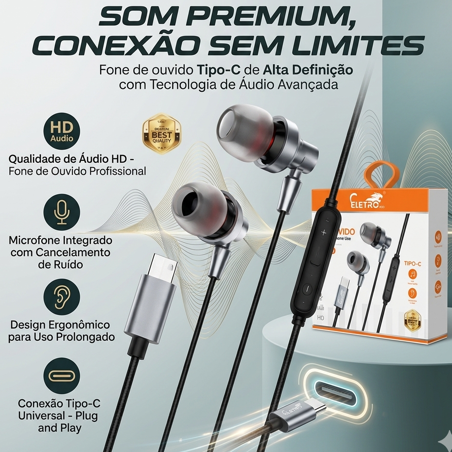 Fone USB-C EL-1425 com Microfone  Áudio Estéreo HD Controle Multifuncional Tipo-C