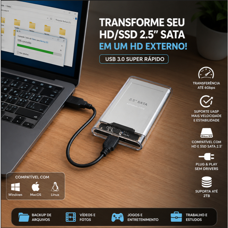 Case Externa HD SSD 2.5 USB 3.0 SATA III Gaveta Para Notebook PC Até 2TB UASP