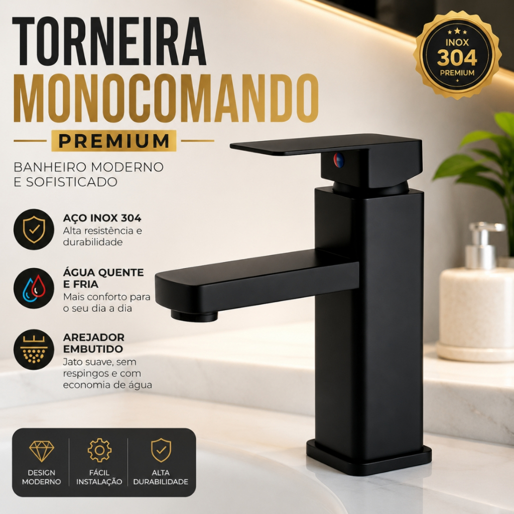 Torneira Monocomando Para Banheiro Cuba De Apoio Misturador Água Quente E Fria Aço Inox