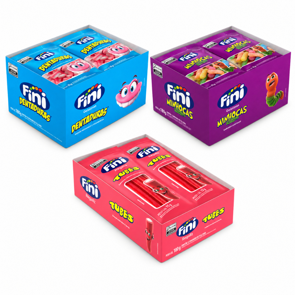 Kit Com 3 Mini Fini Sortidos 180g Cada, Dentadura, Minhoca Azedinha e Tubes Morango e Nata