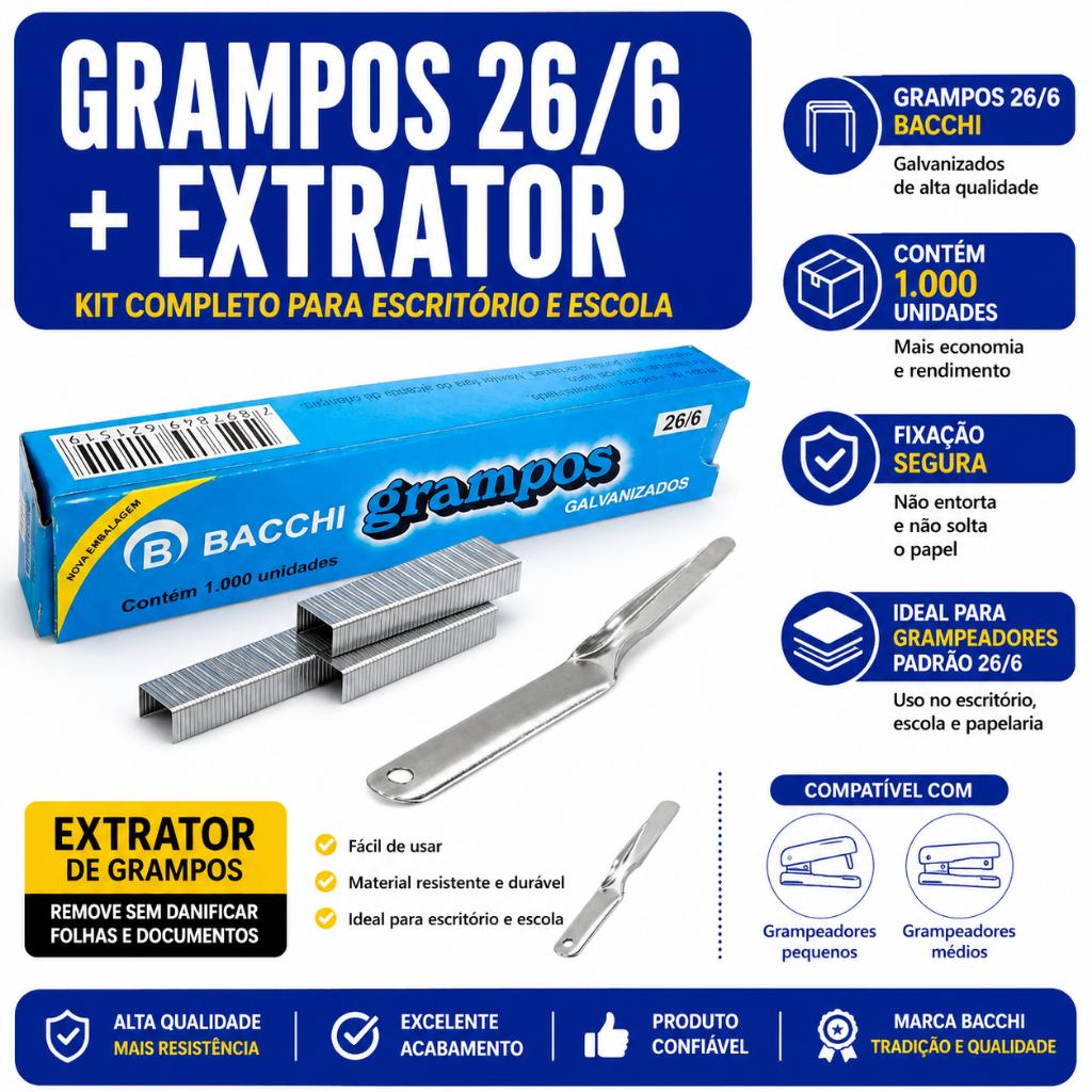 Grampos 26/6 Bacchi Galvanizados Caixa com 1000 Unidades Grampeador Papel Escritório Escola