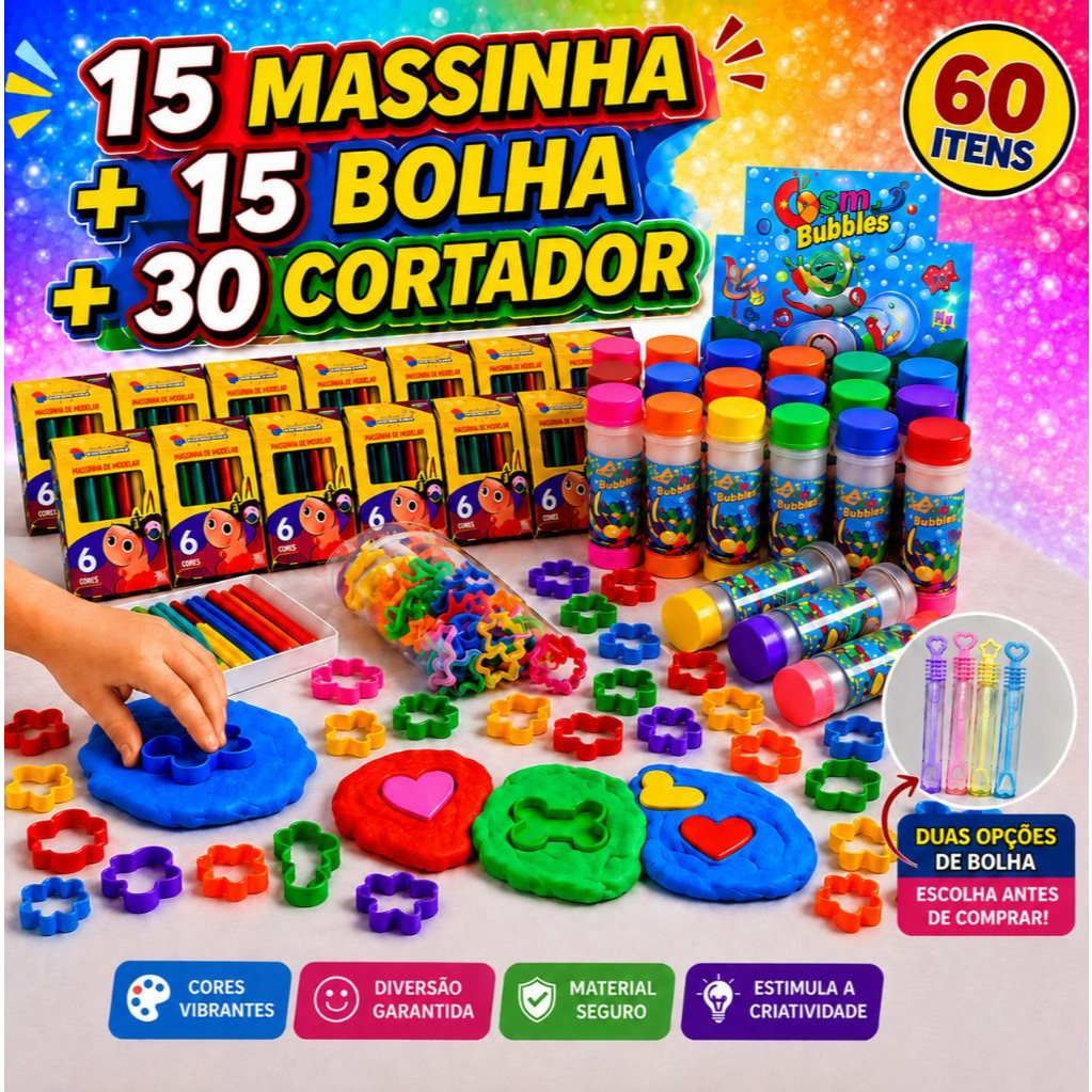 15 Massinha de Modelar + 15 Bolha de Sabão + 30 Cortador Molde Forminha Lembrancinha Infantil