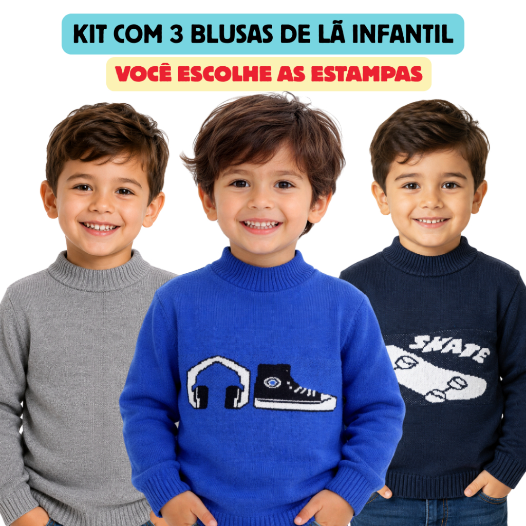 Kit com 3 Blusas de Lã Tricot Premium Infantil Para Menino (1 a 6 Anos)