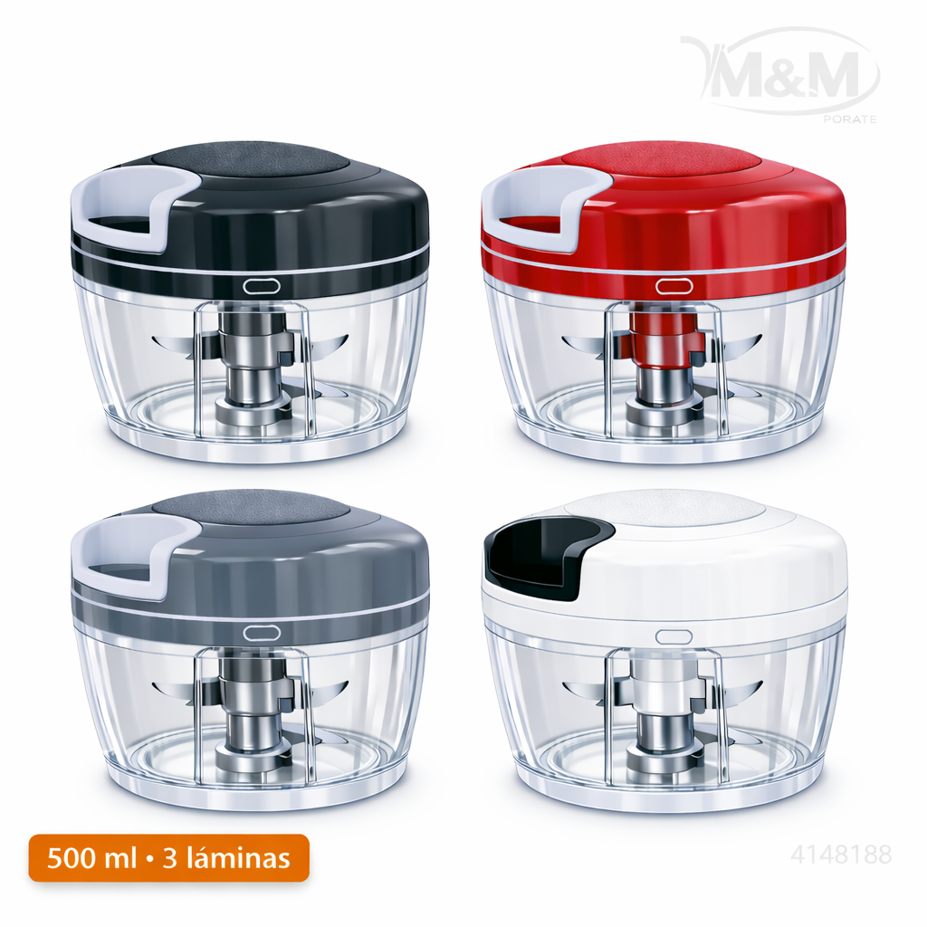 Processador Triturador Manual Alimentos 500ml 3 Laminas aço inox Alho Cebola Tomate Legumes Temperos