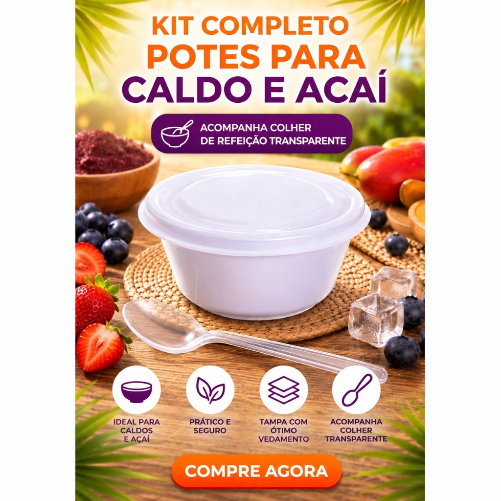 KIT Pote Isopor com Tampa 500ml + Colher Descartável 50 unid  Ideal para Caldo, Açaí, Sorvete e Caldos
