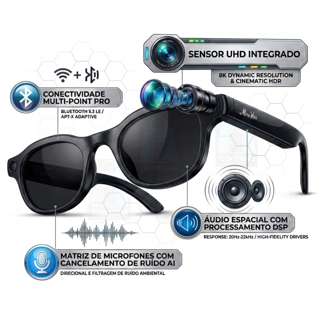 Óculos Com Câmera Inteligente 4k Full HD Vídeo Foto Tradução Bluetooth Aúdio Microfone Auto-falante
