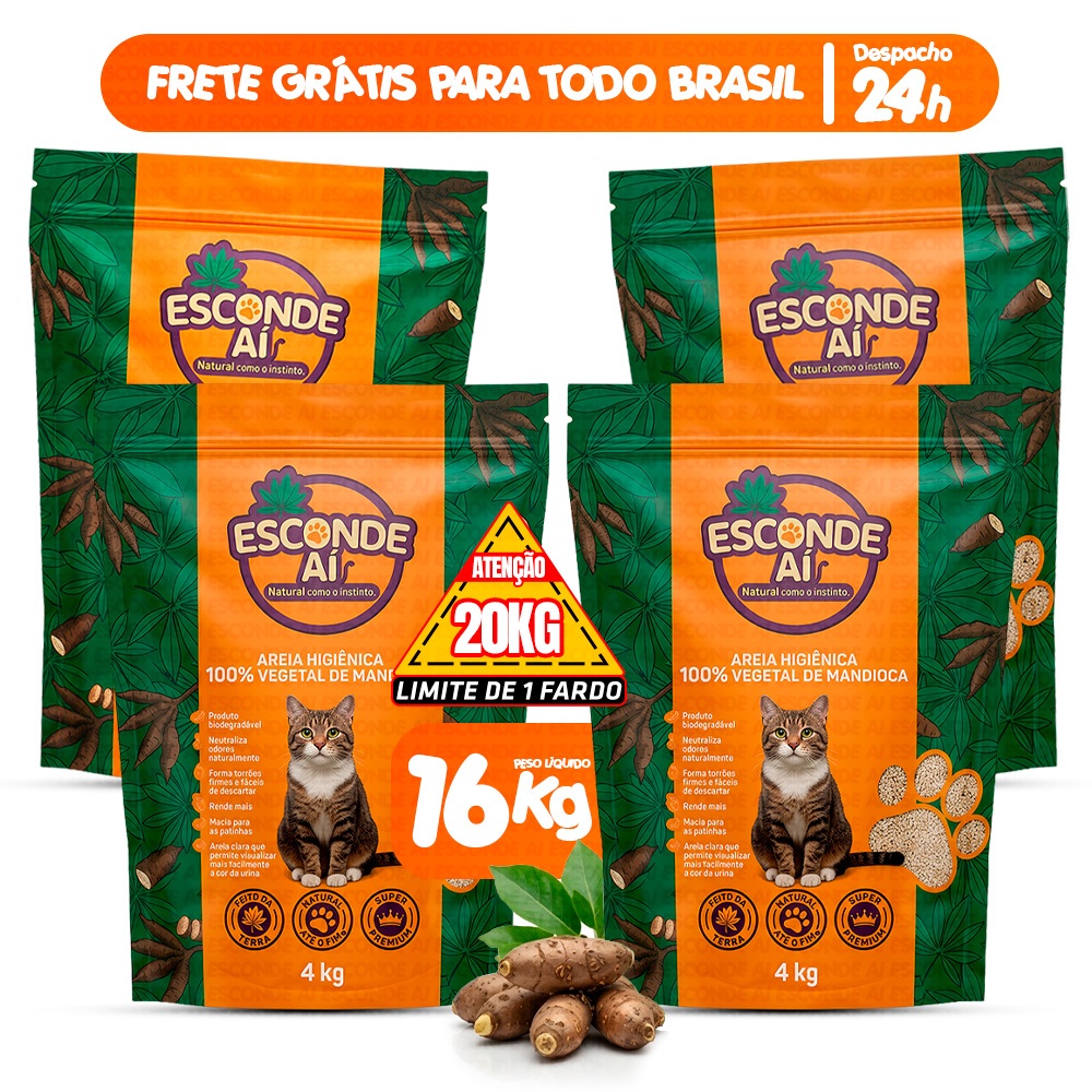Kit 4 Pacotes Areia de Mandioca Sanitária Esconde Ai 16KG Granulado Higiênico Forma Torrões Zero Odor