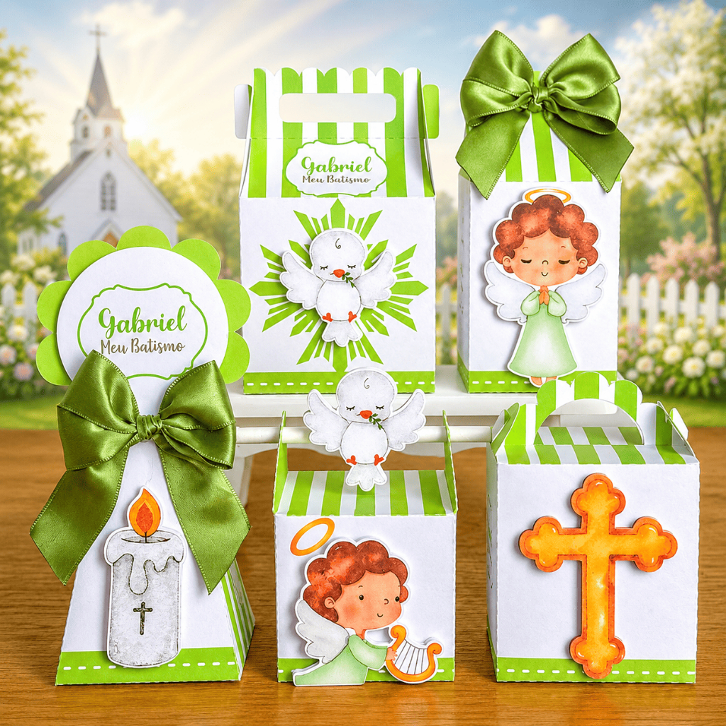 Kit Caixinhas Personalizadas Batizado Verde | Pegue e Monte | Lembrancinha Aniversário e Festa Infantil