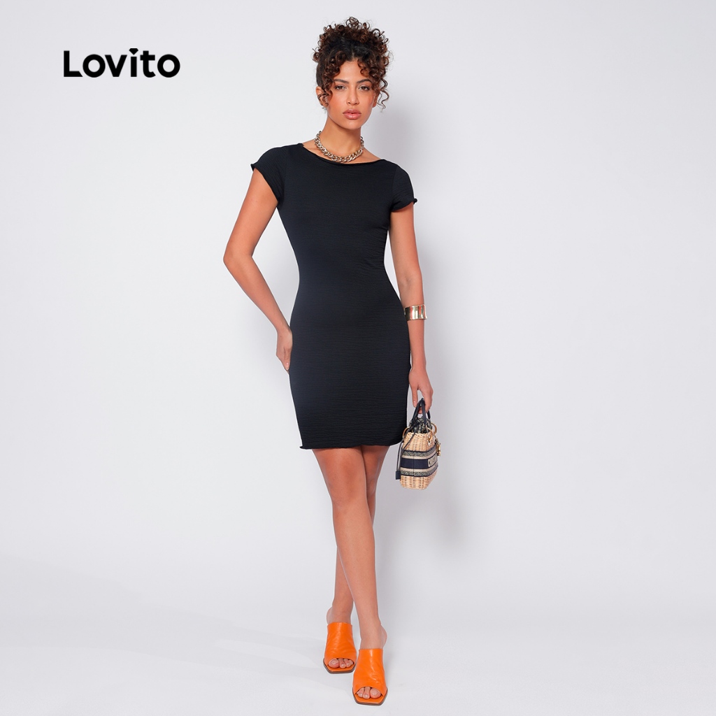 Lovito Vestido Curto Manga E Saia Com Friso DRB559BRL589