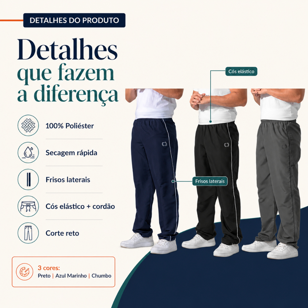 Kit 3 Calças Masculina Tactel (poliéster) Respirável, Conforto e Flexibilidade — imagem 2 de 2