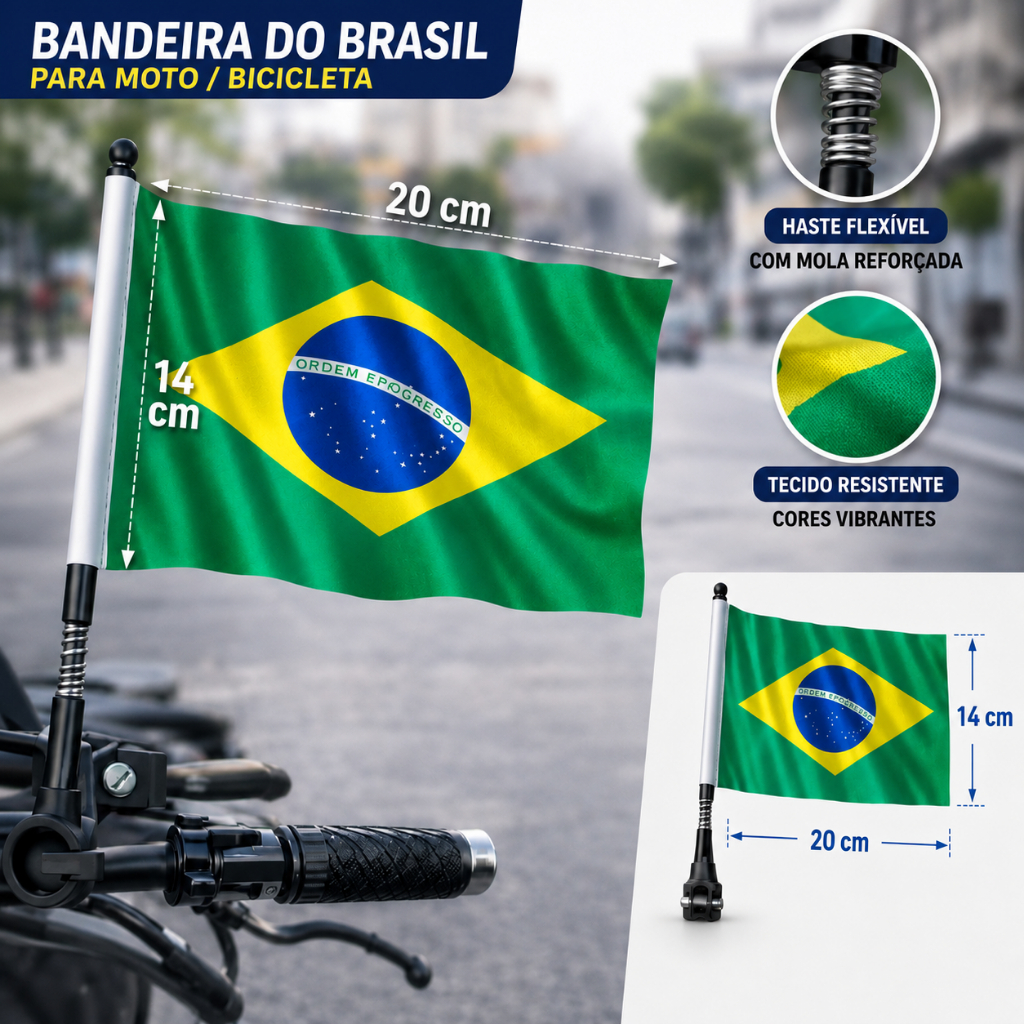 Bandeira Do Brasil Kit com 2 Bandeiras  De Poliéster Para Moto Bike Com Haste Flexível Medindo 20x14 Copa Do Mundo 2026