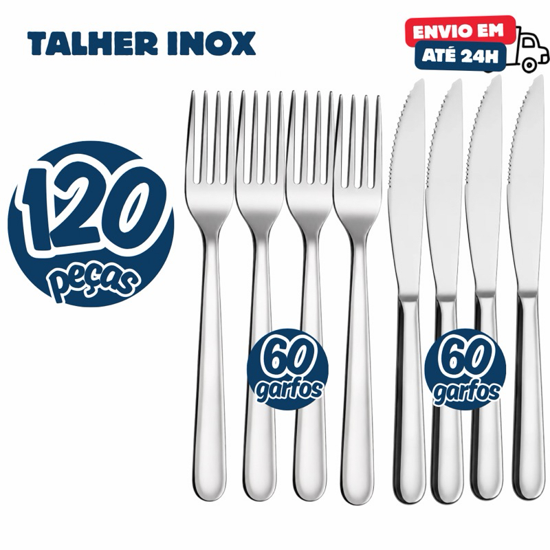 Kit 120/100 ou 60Talheres Garfos e Facas em Aço Inox Premium Alta Durabilidade Cozinha Restaurante Hotel Mesa Posta