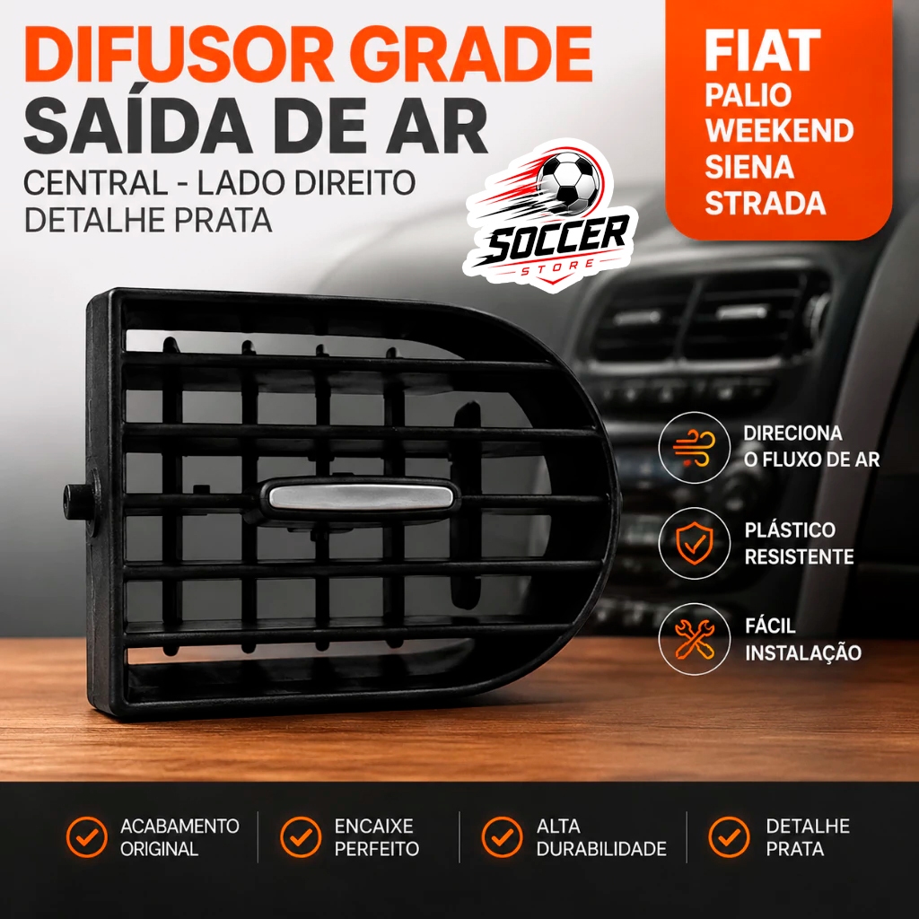 Difusor Grade Saída Ar Carro Fiat Palio Weekend Siena Strada Central Direito Detalhe Prata AP1396