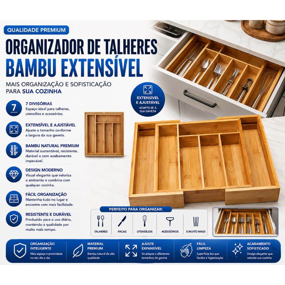 Porta Talheres Gaveta Bambu 7 Divisórias Extensível Ajustável Organizador Talheres Madeira