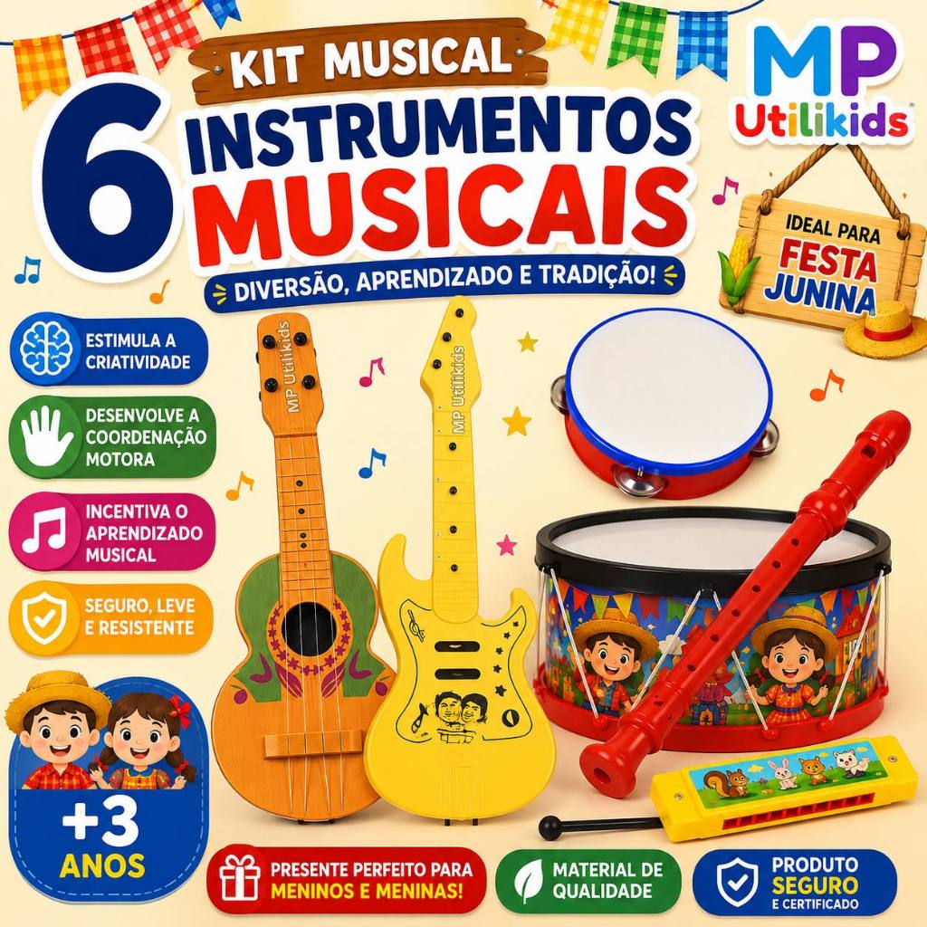 Kit Gaita Viola Tambor Prenda Infantil 6 Intrumentos Brinquedos Educacional Pandeiro Festa Junina