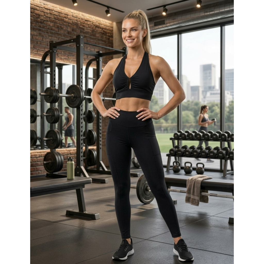 Conjunto De Academia Feminino De Calça Legging Blackout Sem Transparencia Com Top Compressão Cintura Alta Modelador