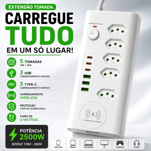 Extensão Tomada 5 Entradas 3 USB 3 Type-C Carregador Wireless Filtro de Linha Cabo 2m Proteção Bivolt USB Rápido 20A+