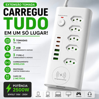 Extensão Tomada 5 Entradas 3 USB 3 Type-C Carregador Wireless Filtro de Linha Cabo 2m Proteção Bivolt USB Rápido 20A+