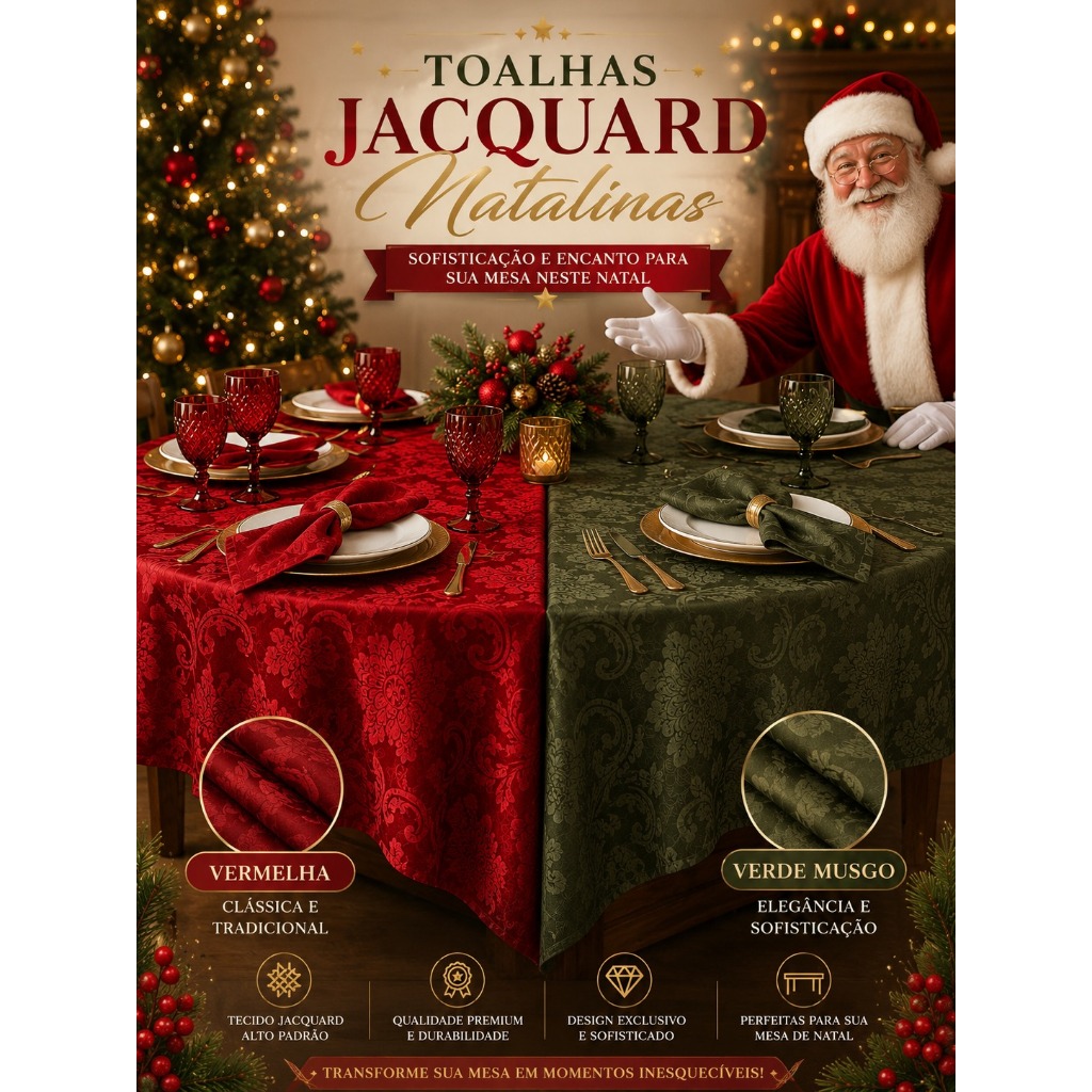 Toalha De Mesa Jacquard Natalina Luxo e Elegante Premium 4, 6 e 8 Lugares Natal Promoção