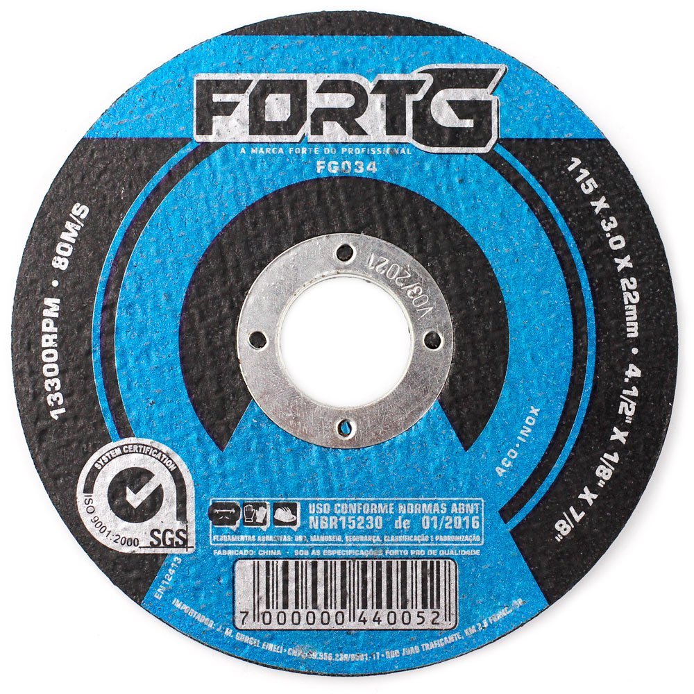 Disco de Corte 115 x 3 x 22,23mm para Aço e Metais Ferrosos FORTGPRO-FG034