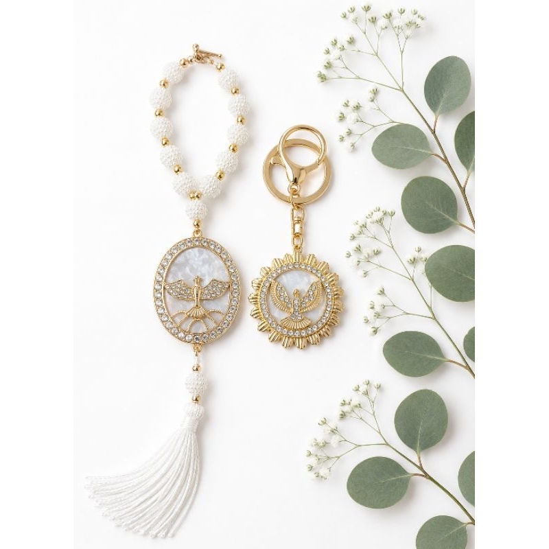 KIT Chaveiro + Terço Dezena  Divino Espirito Santo Religioso Retrovisor Carro Acessório Católico Religioso Proteção Fé