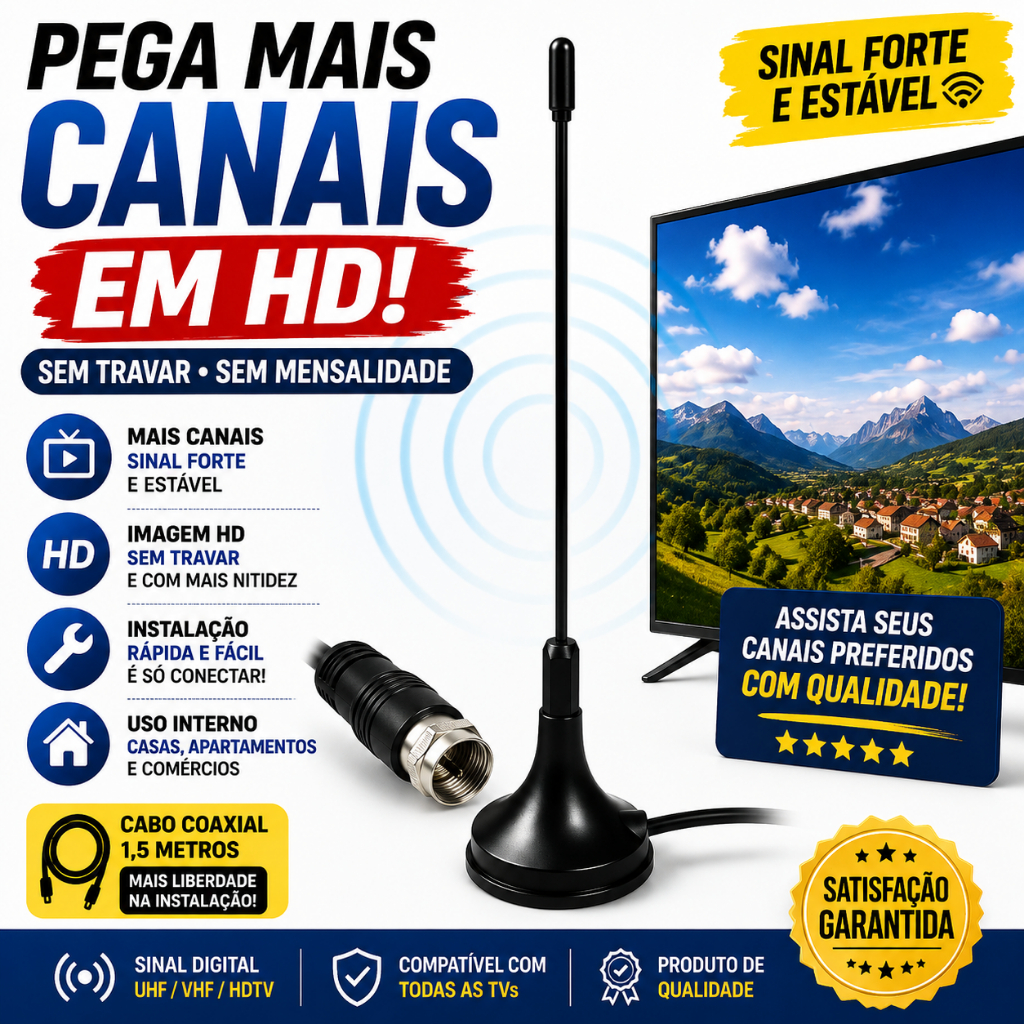 Antena TV Digital HDTV UHF/VHF com Cabo 1,5m Exbom – Sinal Forte HD