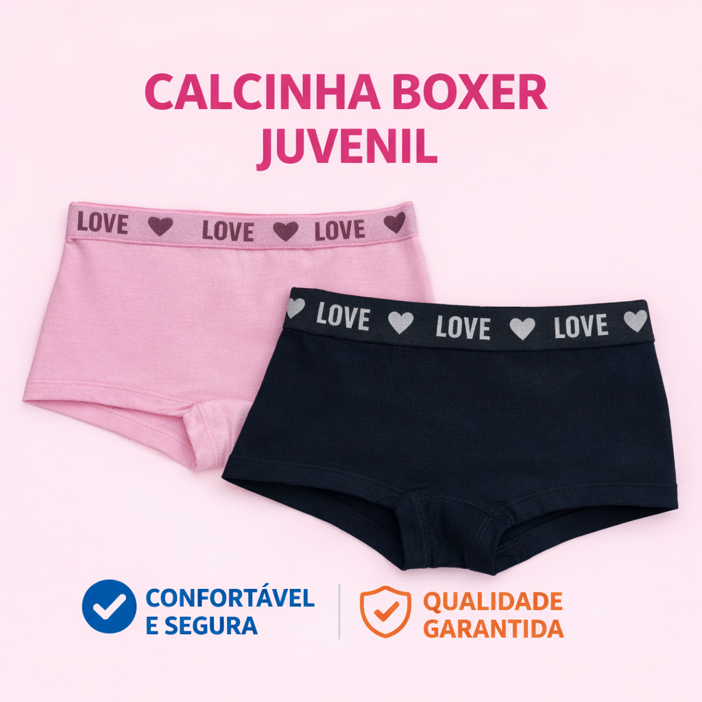 Kit 2 Calcinhas Boxer Juvenil Menina Algodão Macio Forro Duplo Confortável