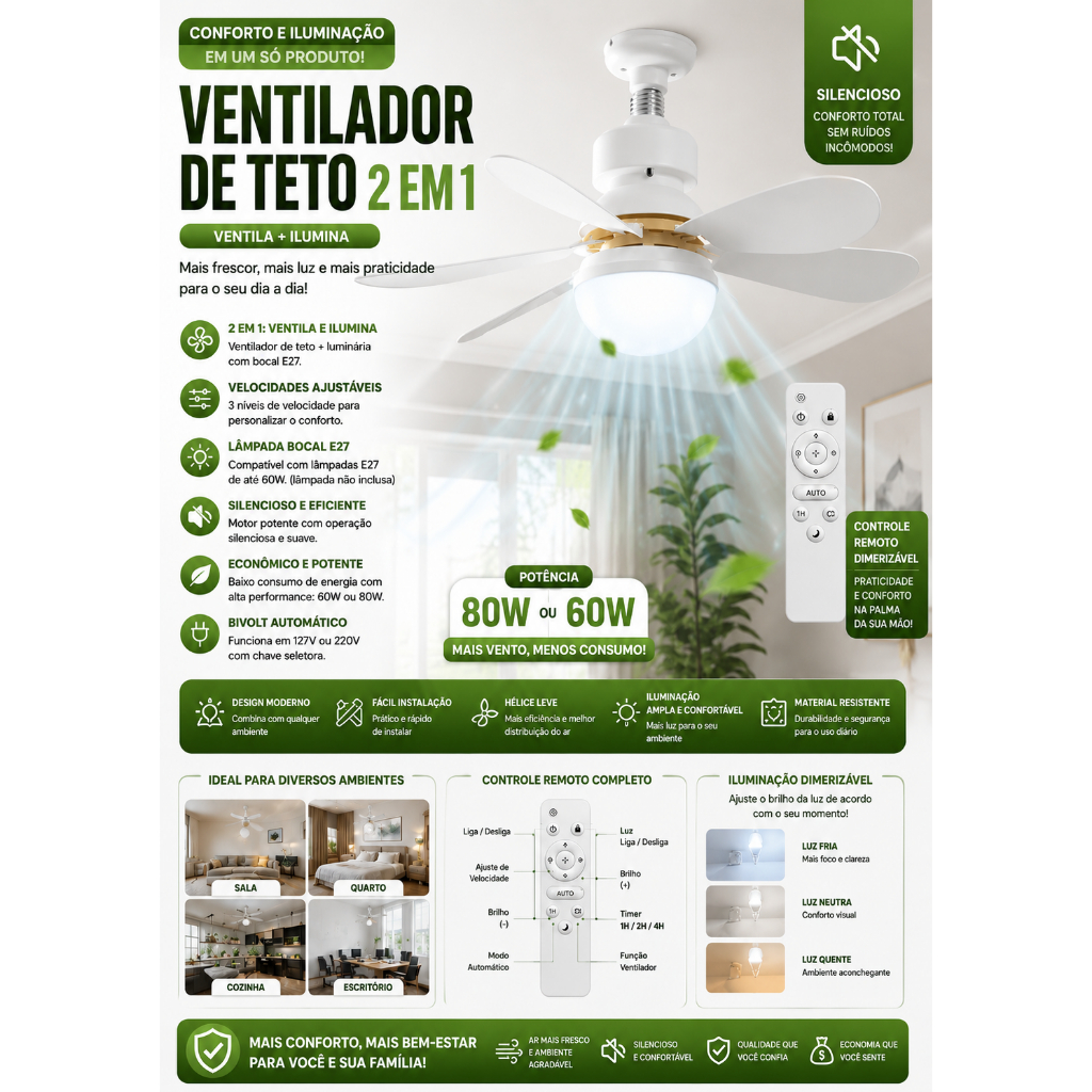 Ventilador de Teto 80W 60W Lâmpada Bocal E27 Silencioso Bivolt 2 em 1 Controle Dimerizável HELPLO